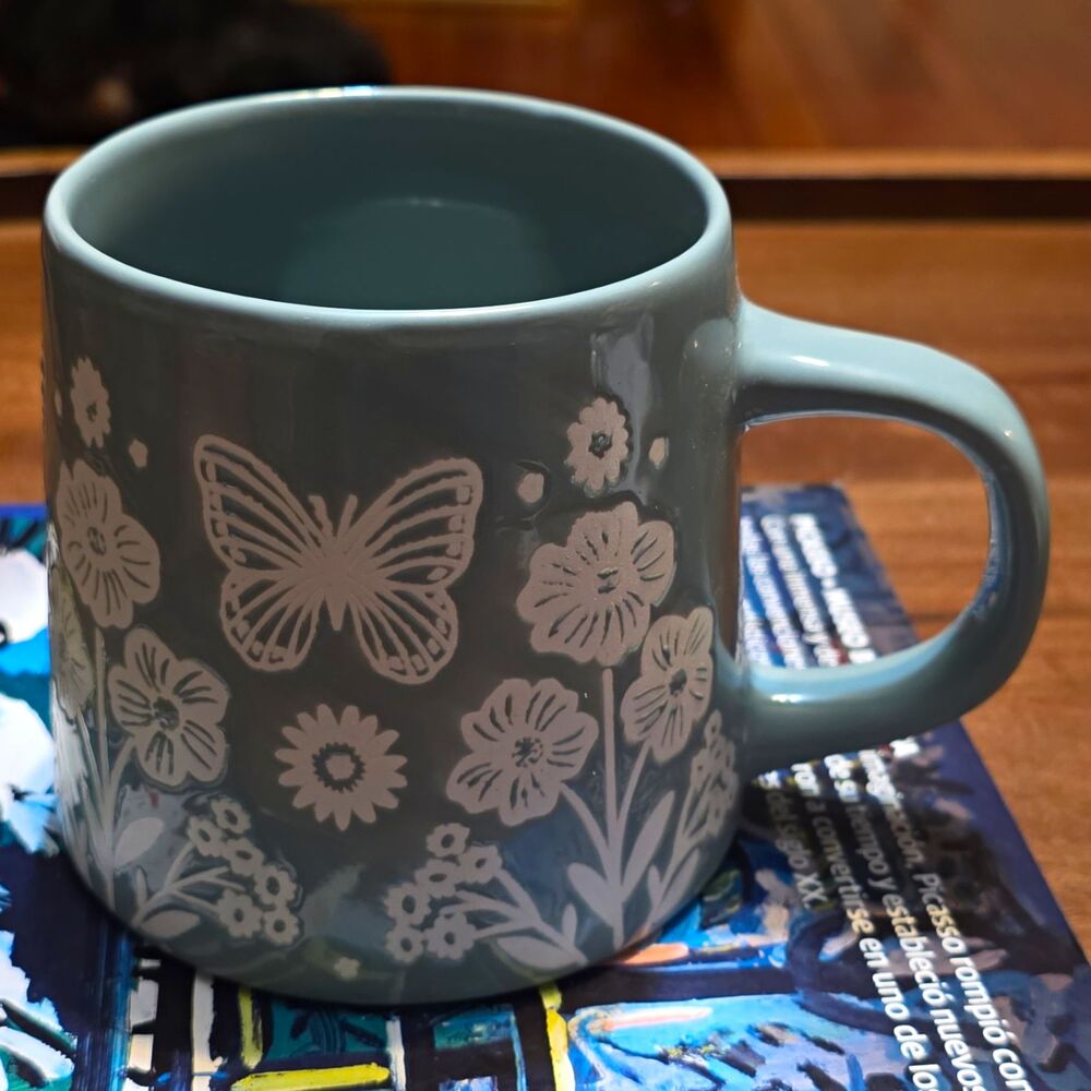 Gallery Gray Ceramic 14oz Coffee Mug Floral Butterfly Dishwasher Safe